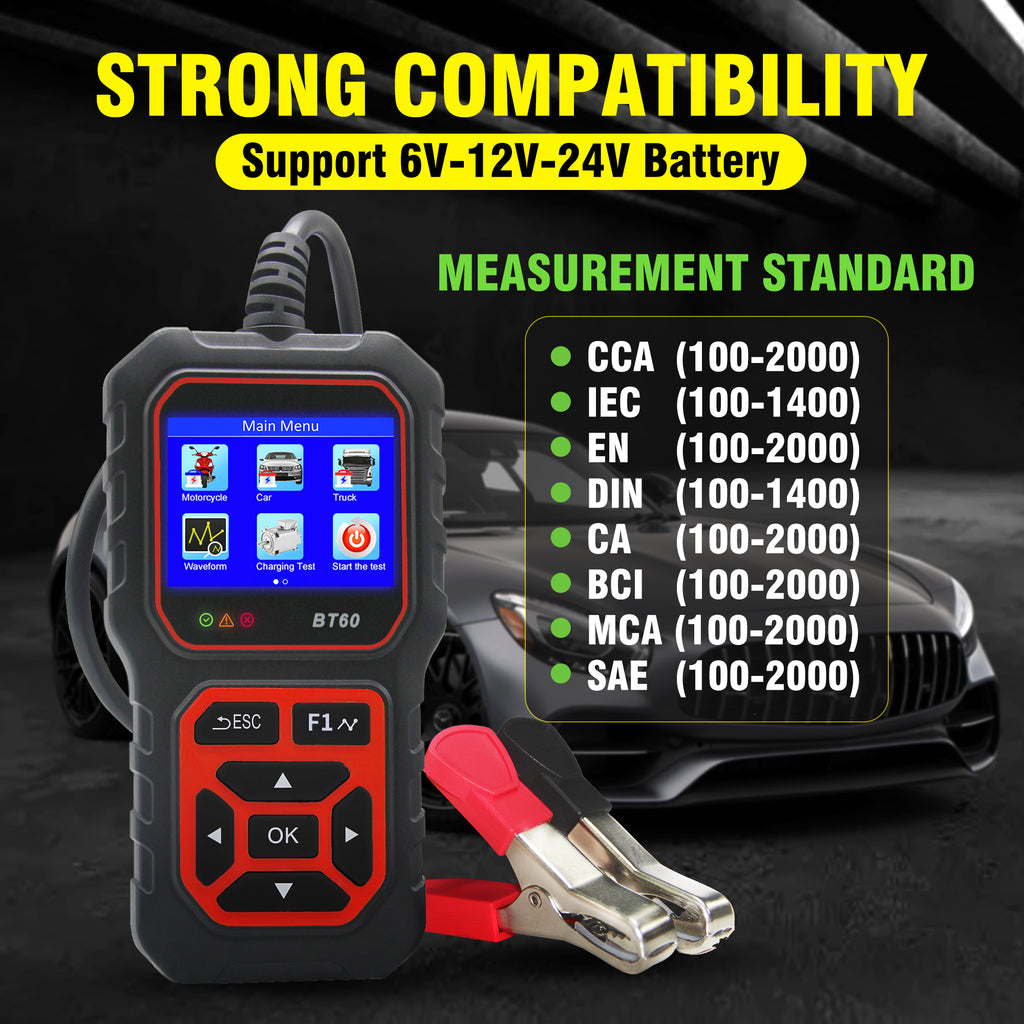 2.4” Car Battery Analyzer for 12V/24V, CCA ±2% Test, Voltage Accuracy ±0.06V, Cranking & Charging Check, SOH/SOC, Data Storage