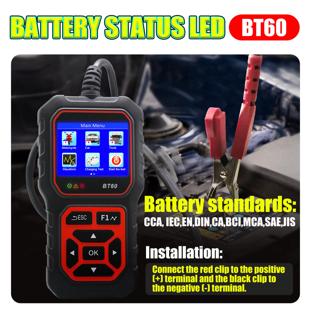 2.4” Car Battery Analyzer for 12V/24V, CCA ±2% Test, Voltage Accuracy ±0.06V, Cranking & Charging Check, SOH/SOC, Data Storage