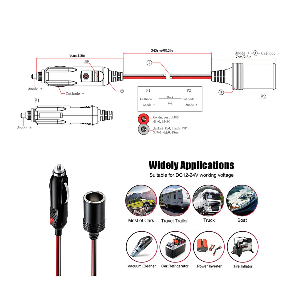 Forbell 20A Car Power Extension Cord 2.5m - Heavy Duty 2.5mm² Pure Copper Wire for Car Refrigerator/Inverter/Devices