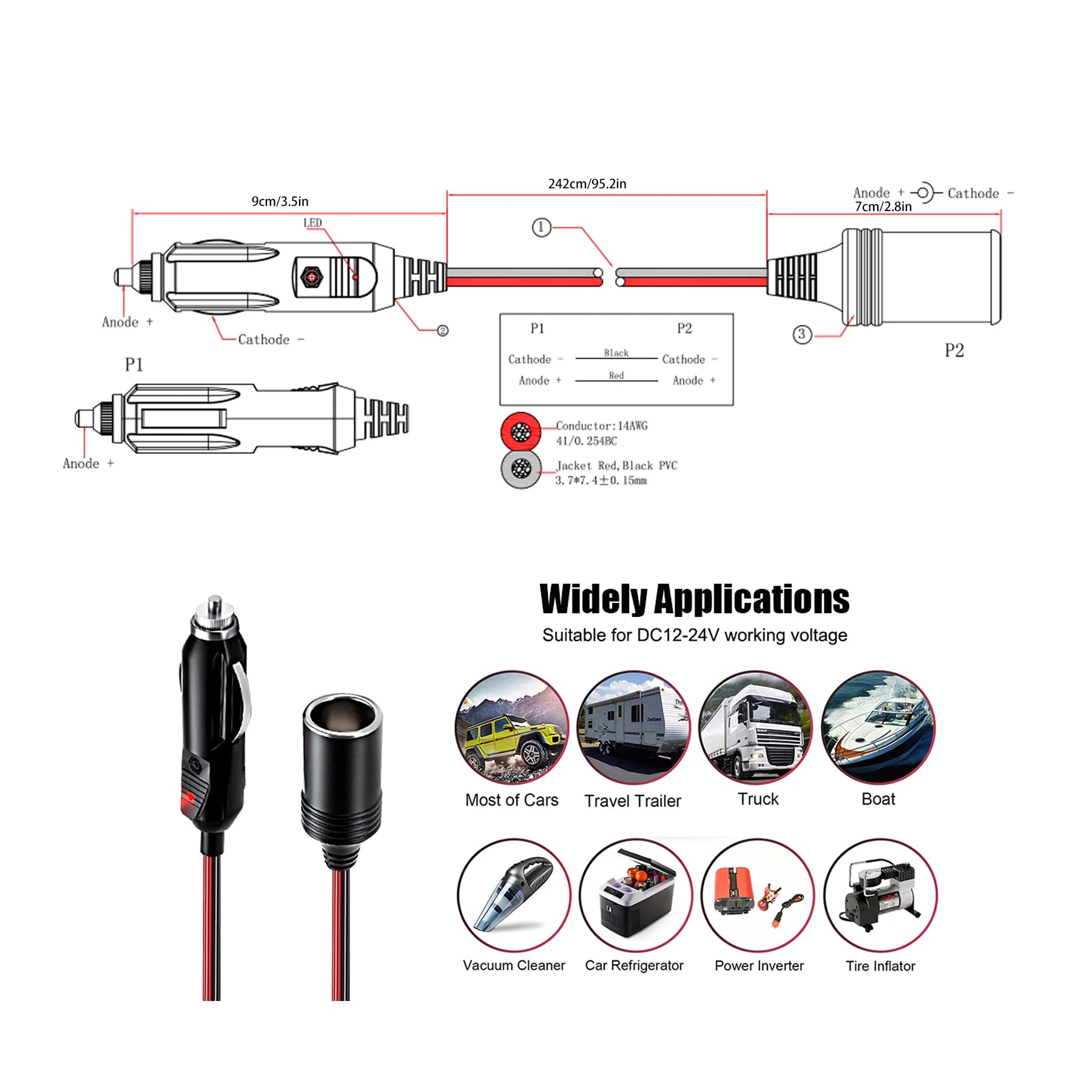 Forbell 20A Car Power Extension Cord 2.5m - Heavy Duty 2.5mm² Pure Copper Wire for Car Refrigerator/Inverter/Devices