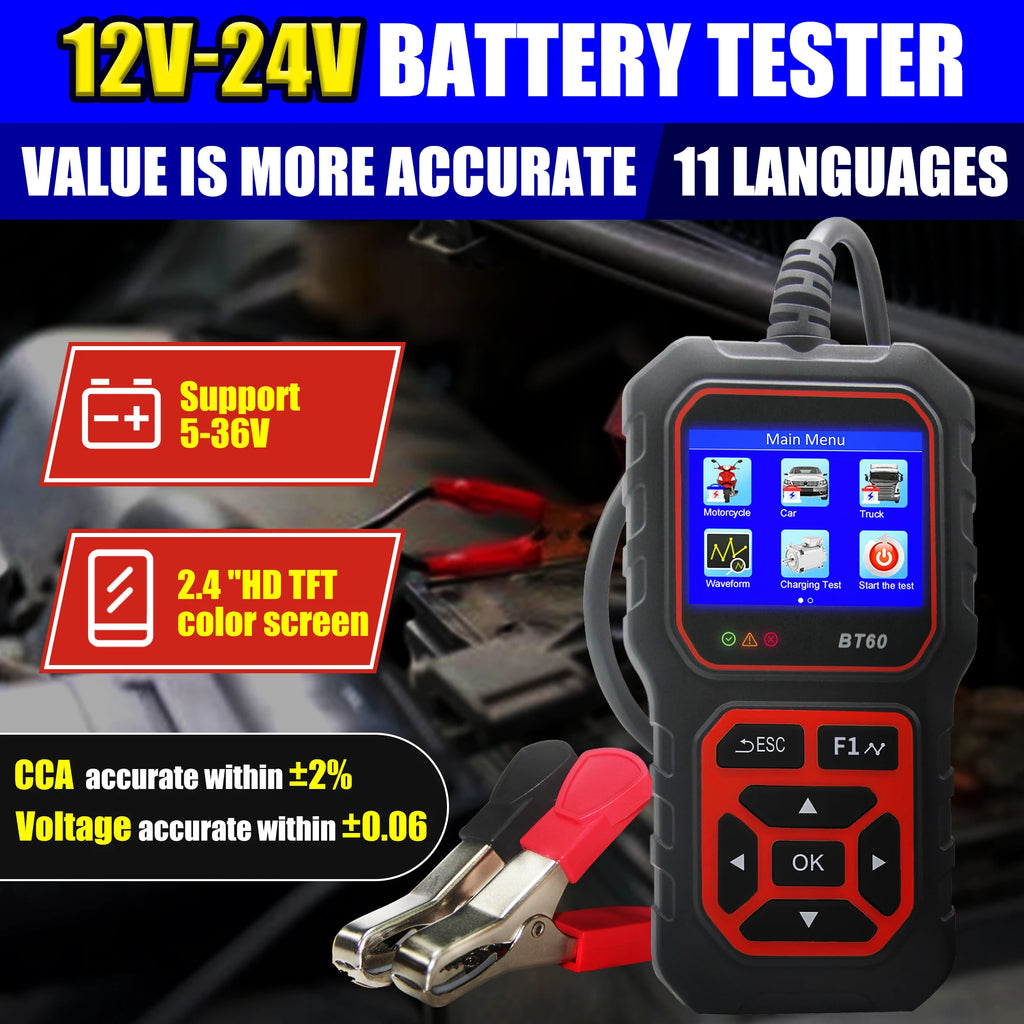 2.4” Car Battery Analyzer for 12V/24V, CCA ±2% Test, Voltage Accuracy ±0.06V, Cranking & Charging Check, SOH/SOC, Data Storage