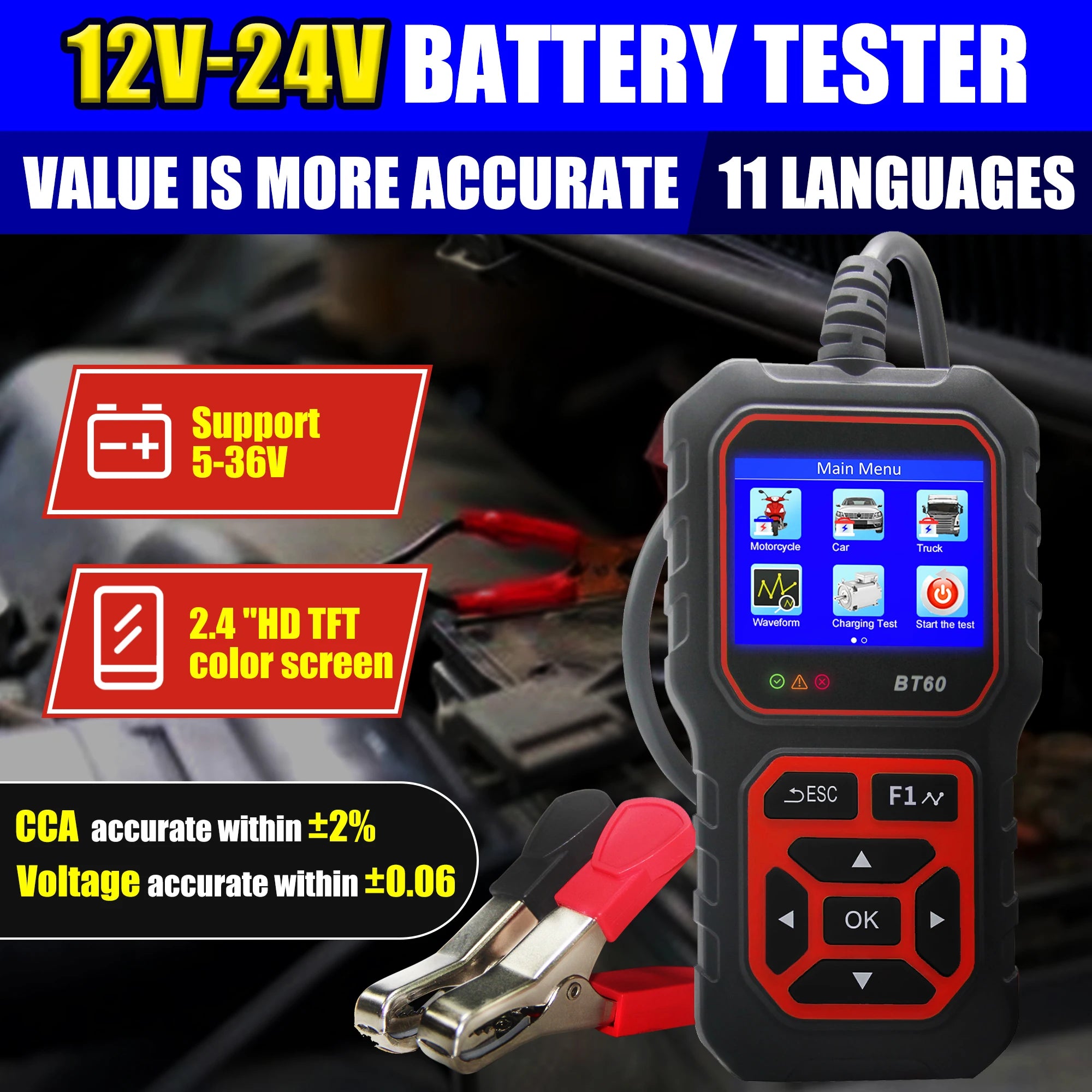 2.4” Car Battery Analyzer for 12V/24V, CCA ±2% Test, Voltage Accuracy ±0.06V, Cranking & Charging Check, SOH/SOC, Data Storage