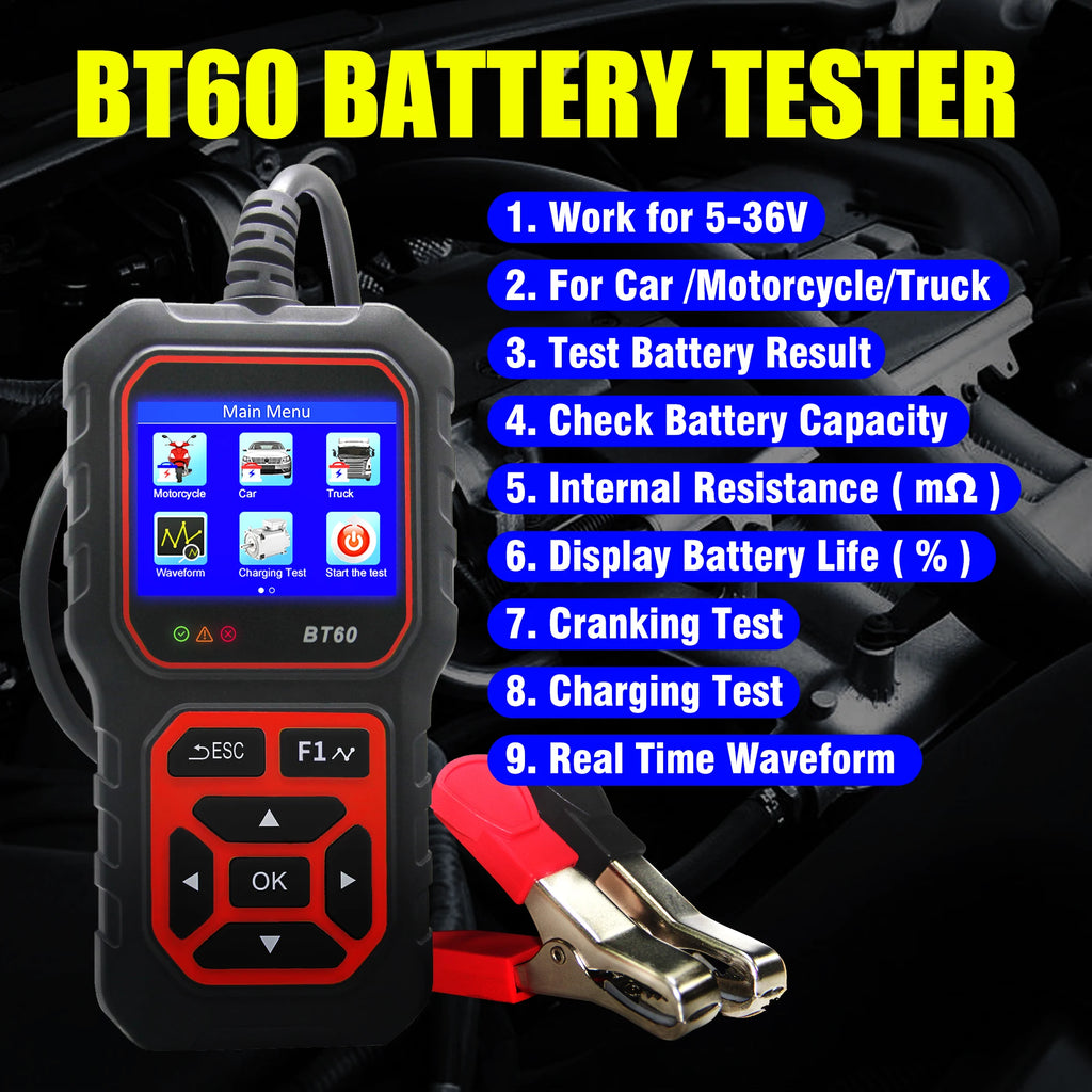 2.4” Car Battery Analyzer for 12V/24V, CCA ±2% Test, Voltage Accuracy ±0.06V, Cranking & Charging Check, SOH/SOC, Data Storage
