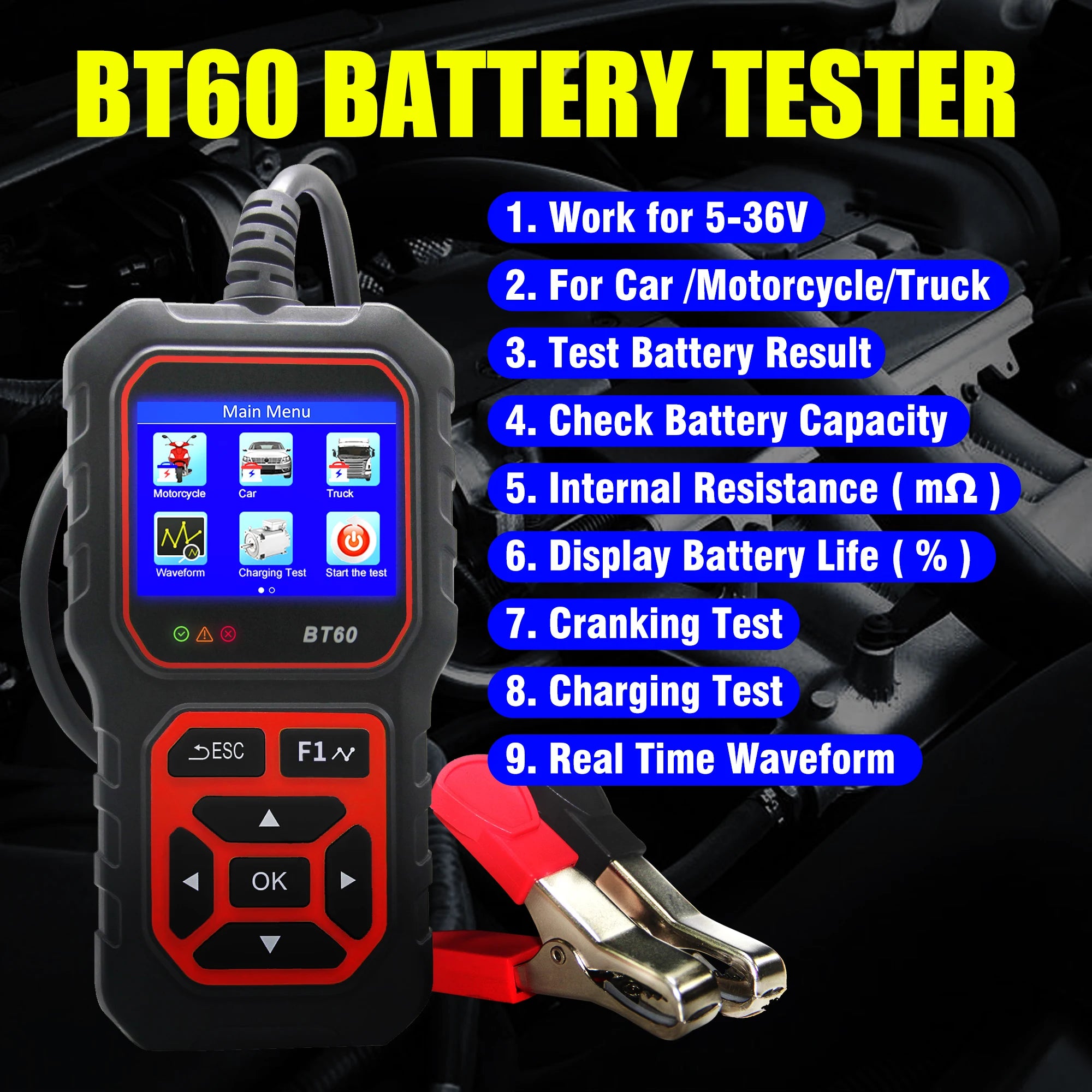 2.4” Car Battery Analyzer for 12V/24V, CCA ±2% Test, Voltage Accuracy ±0.06V, Cranking & Charging Check, SOH/SOC, Data Storage