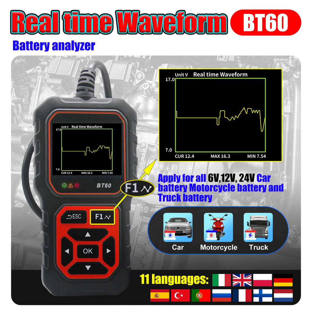 2.4” Car Battery Analyzer for 12V/24V, CCA ±2% Test, Voltage Accuracy ±0.06V, Cranking & Charging Check, SOH/SOC, Data Storage