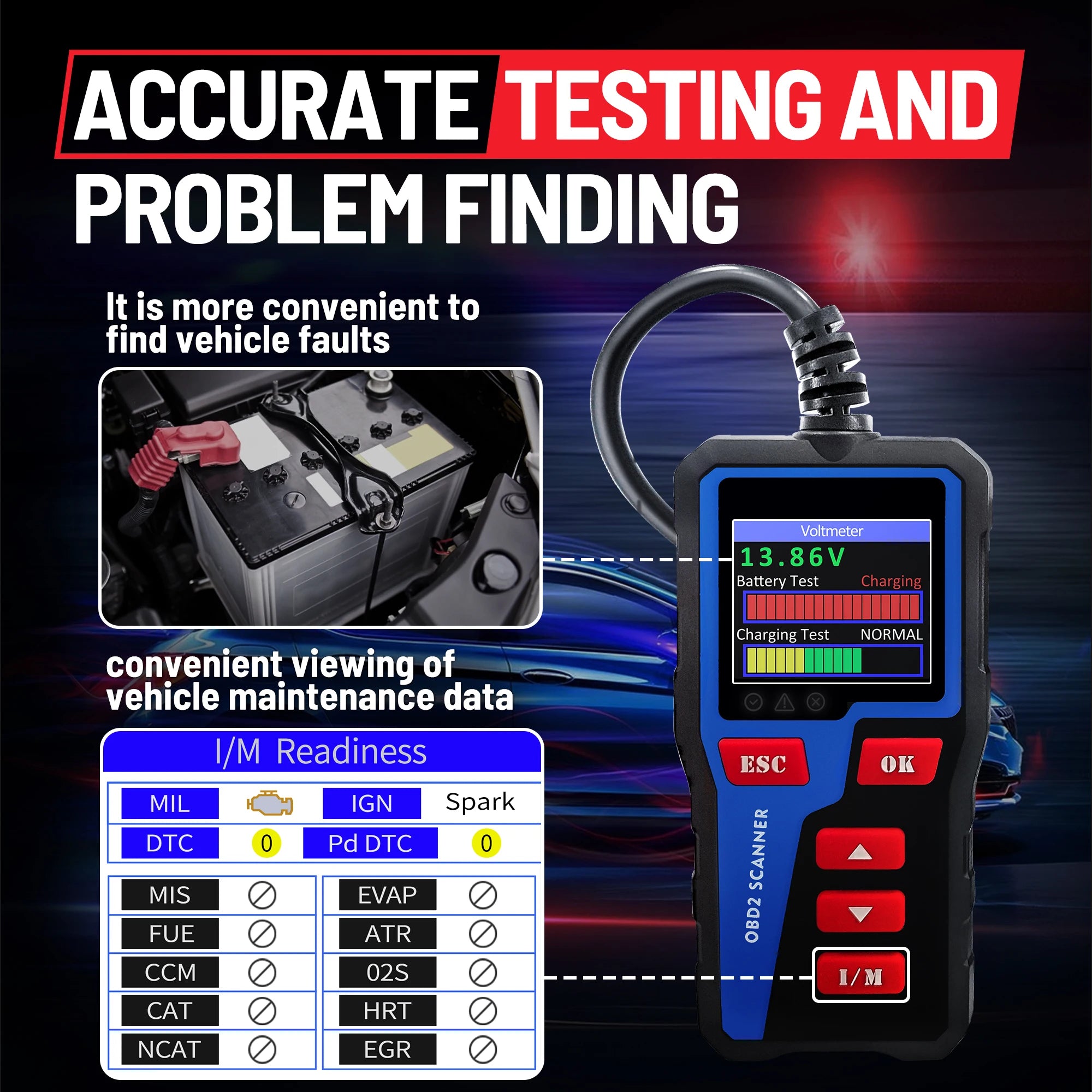 Forbell OBD2 Scanner with 2.36" TFT Screen, Battery & Charging Test, Start System Waveform, O2 Sensor, EVAP, 10 Languages