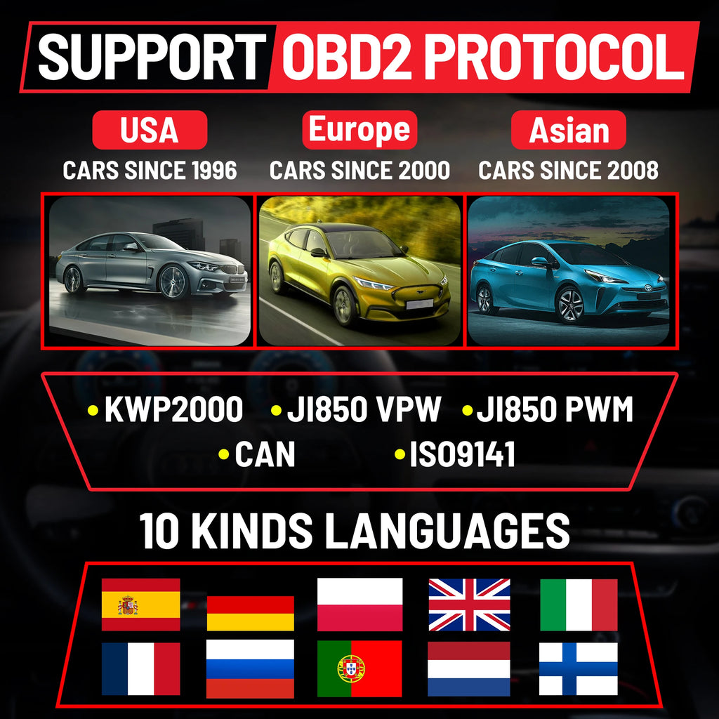 Forbell OBD2 Scanner with 2.36" TFT Screen, Battery & Charging Test, Start System Waveform, O2 Sensor, EVAP, 10 Languages